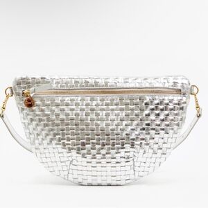 Clare V. Grande Fanny in Silver Specchio Woven Checker